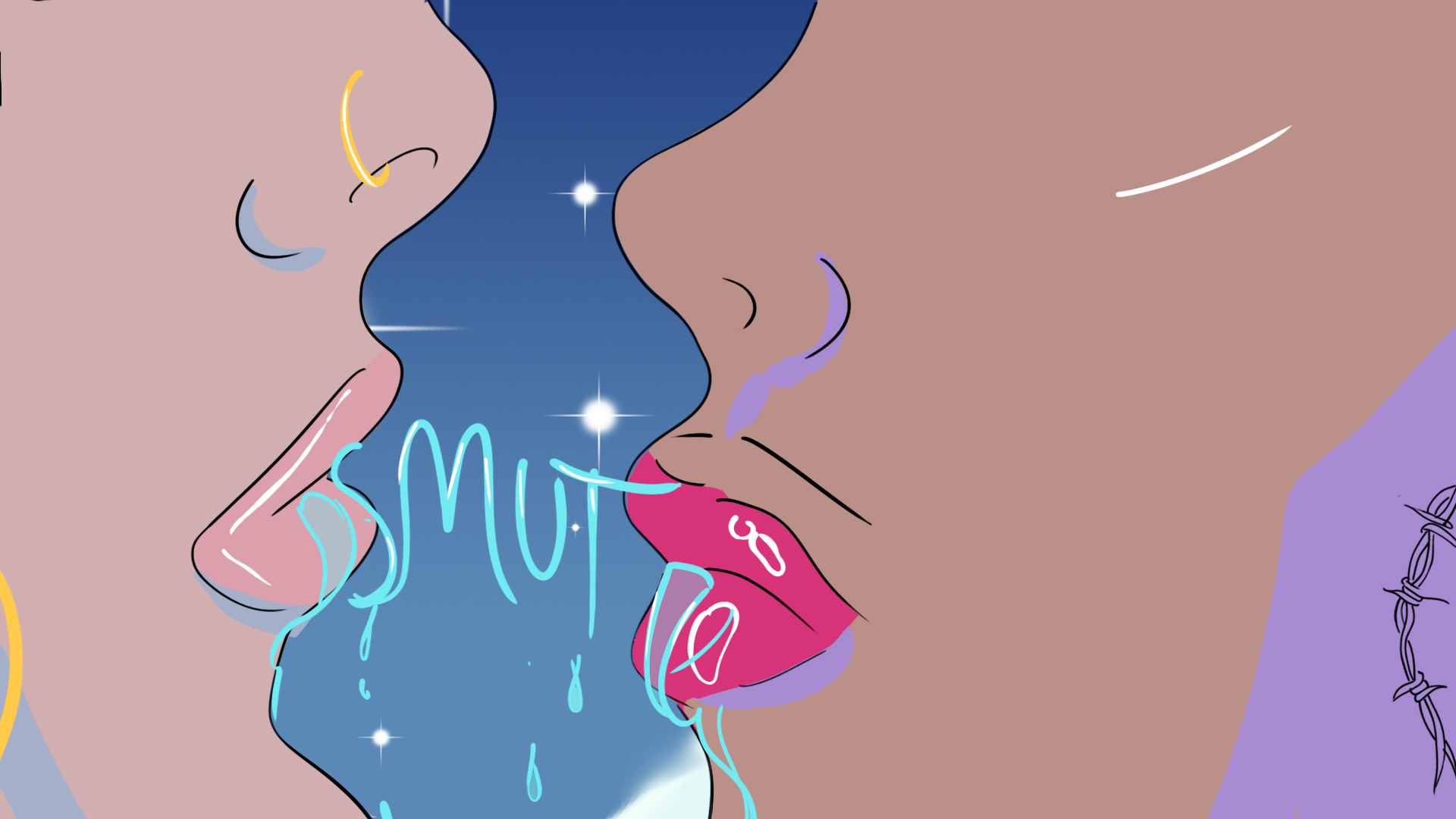 Image showing two faces in profile, one with light skin wearing a nose ring, one with darker skin and pink lipgloss, swapping spit that stretches and spells out the word "smut"