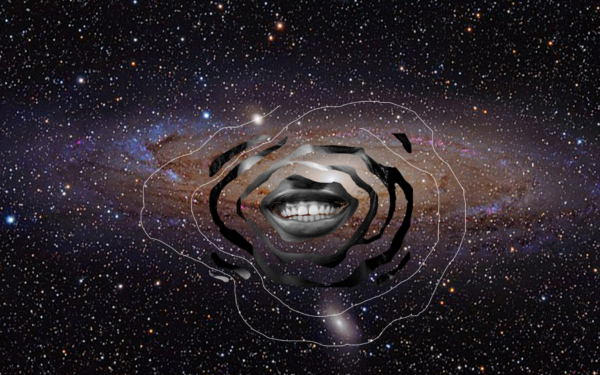Galaxy with a cut-out of a black and white image of a person with an open smile, and a swirly white line bordering the image. The black and white image has been edited to remove the background, leaving only the person's face with a transparent background.