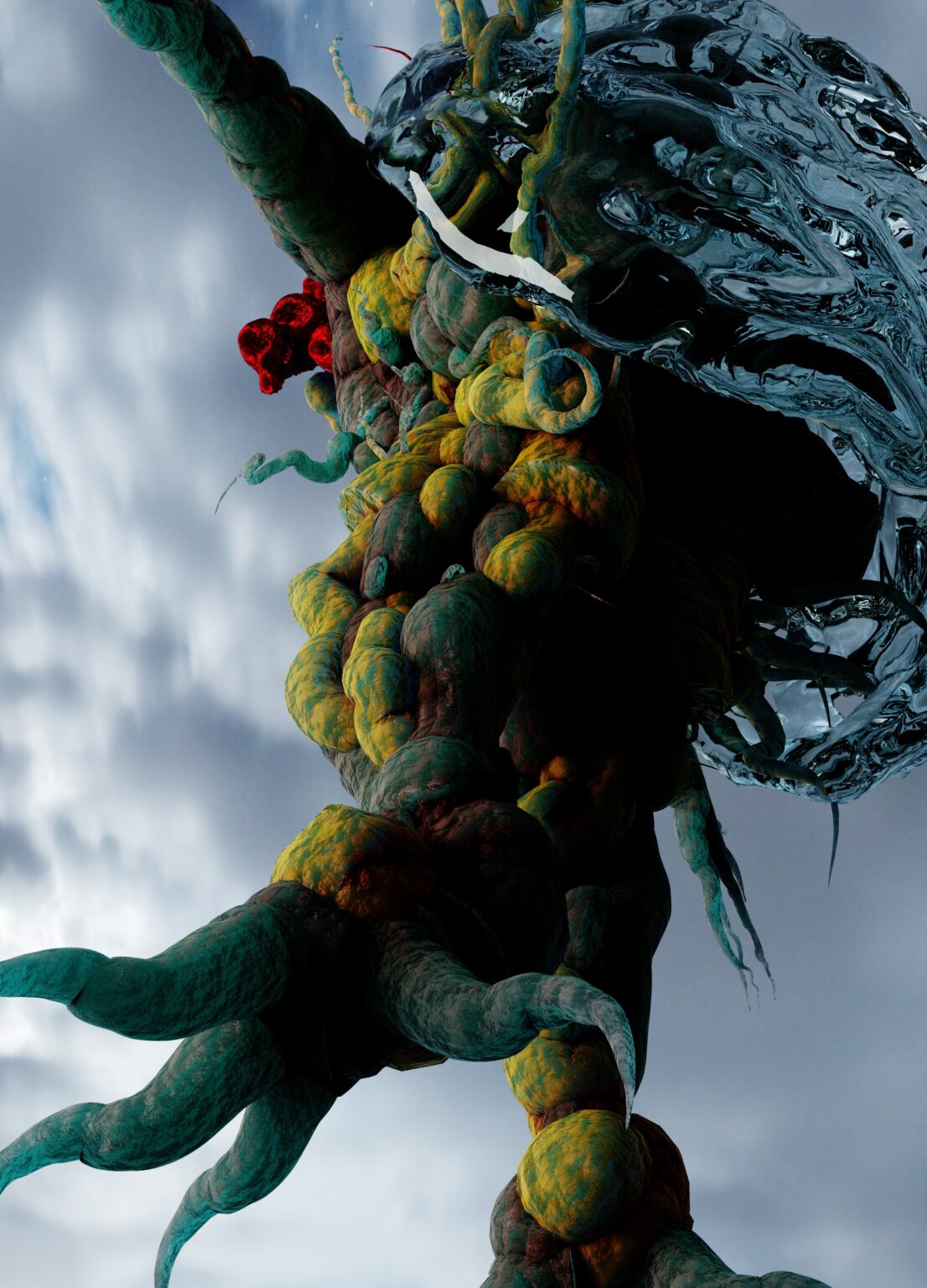 A digital render of a nine-headed dragon-like monster with ferocious expression named Jiu Ying. The monster is in graduated colours of light blue to deep orange with a background of stormy grey clouds.